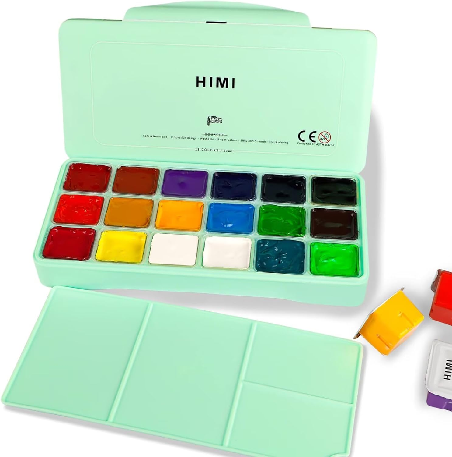 HIMI Gouache Paint Set 18 Colors X 30Ml Premium Jelly Cup Design Comes with 3 Paint Brushes & Palette Easy to Carry Suitable for Students Children Beginners Artists (Green Box）