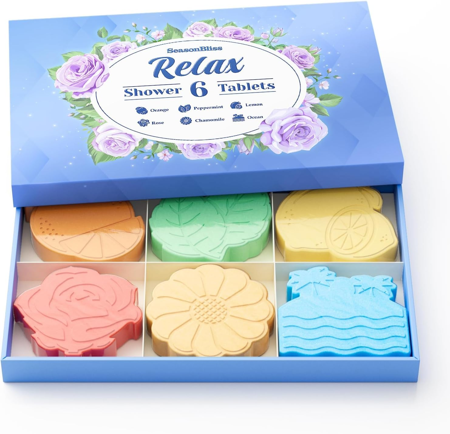 Seasonbliss Shower Steamers 6 Pack Shower Bombs with Unique Shapes & Scents, Orange Peppermint Lemon Rose Chamomile Sea, Self Care Shower Steamer, Stocking Stuffers Christmas Gifts for Women, Men image number 5