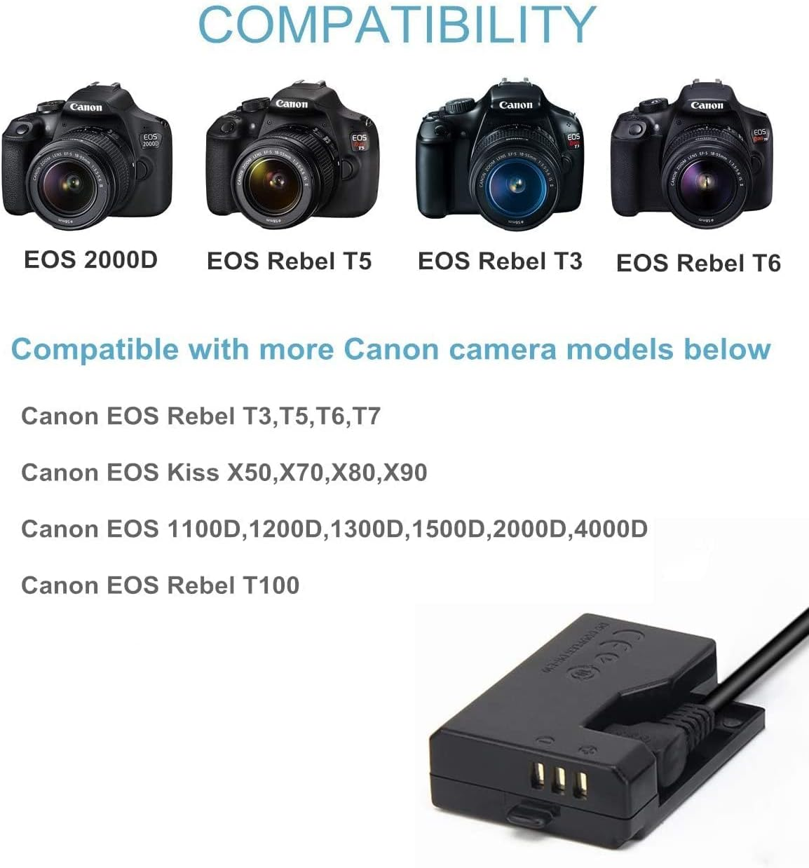 Kimaru ACK-E10 AC Power Adapter DR-E10 DC Coupler LP-E10 Dummy Battery Kit for Canon EOS Rebel T3 T5 T6 T7 1100D 1200D 1300D 1500D 2000D,Kiss X50 X70 X80 X90 Cameras. image number 1