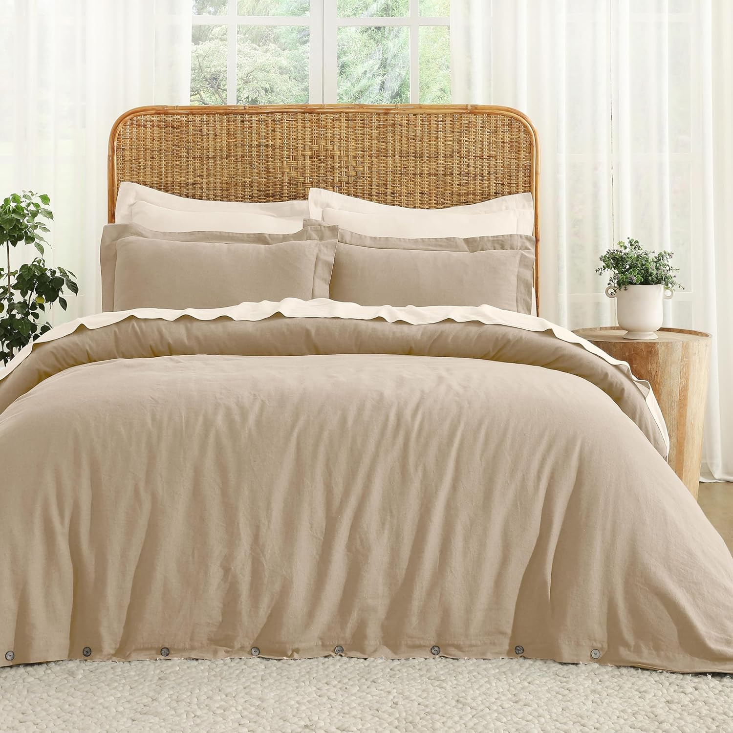 SUPERIOR Cotton Linen Duvet Cover Set, Chic Decor for Bedroom, Includes 1 Duvet Cover with Button Closure, 2 Pillow Shams, Boho Aesthetic Bedding Essentials, Soft, Lightweight, Full/Queen, Tan image number 6