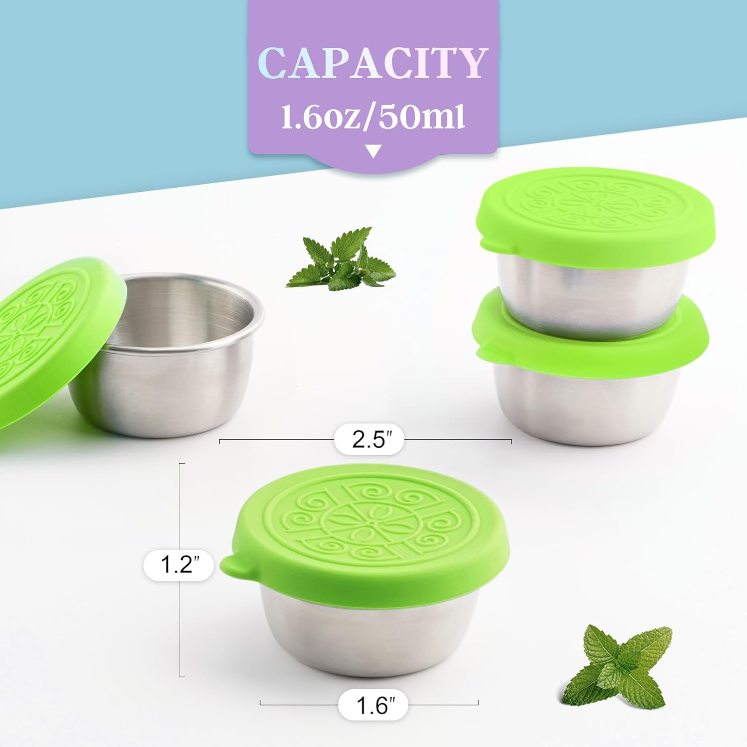 6X1.6 Oz Salad Dressing Containers with Lids, Small Leakproof Reusable Stainless Steel Salad Dressing Container to Go for Lunch Boxes,Sauce Containers, Picnics,Travel Meal Prep and Kitchen Storage. image number 1