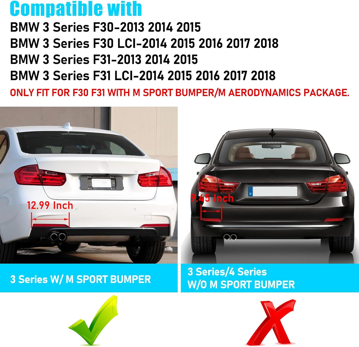 Jaronx Compatible with BMW Rear Bumper Reflector for 3 Series F30 Sedan/F31 Touring M Sport 2013-2018,For BMW 63147847165 63147847166 Left/Right Rear Bumper Red Marker Tail Reflector Light Replacement image number 1
