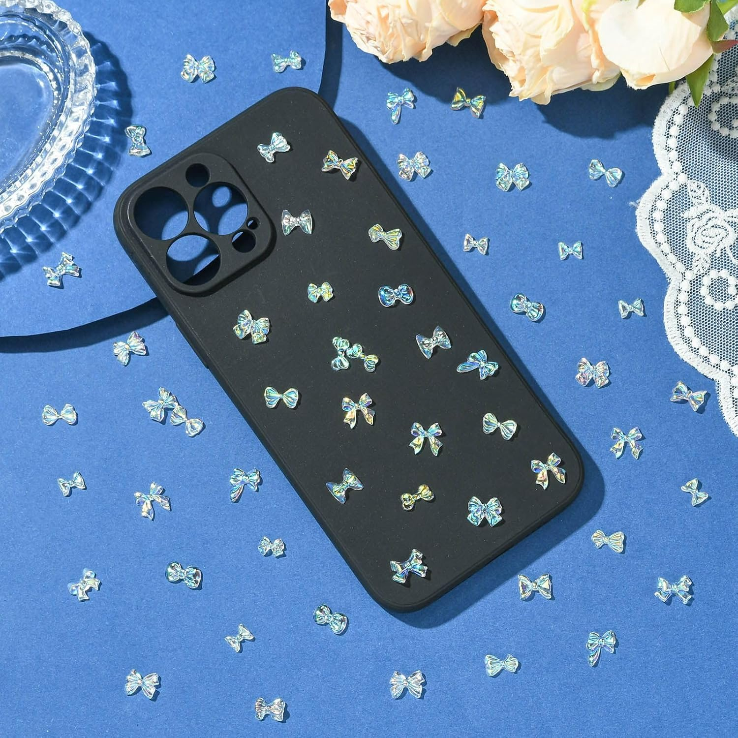 UR URLIFEHALL 200 Pieces Random 3D Bow Nail Charms Flat Back Transparent AB Bow Resin Cabochons for Nail Art DIY Phone Number Scrapbooking Crafts image number 1