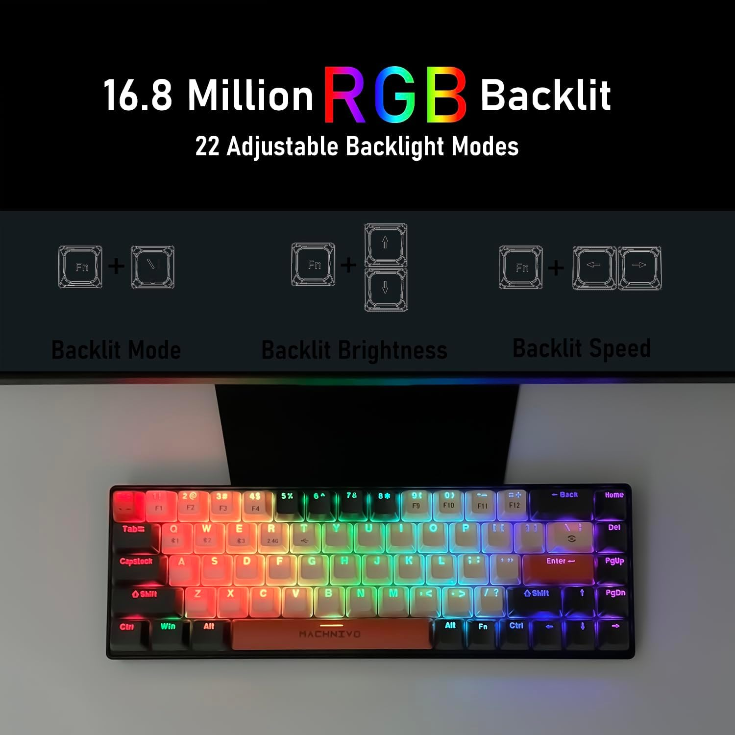 60% Wireless Mechanical Keyboard, MACHNIVO K11 68 Keys Gaming Keyboard Hot Swappable, 2.4Ghz/Bluetooth/Usb-C to a Cable, RGB Creamy Keyboard Compatible with Windows/Mac (Red Switch, Black & Orange) image number 3