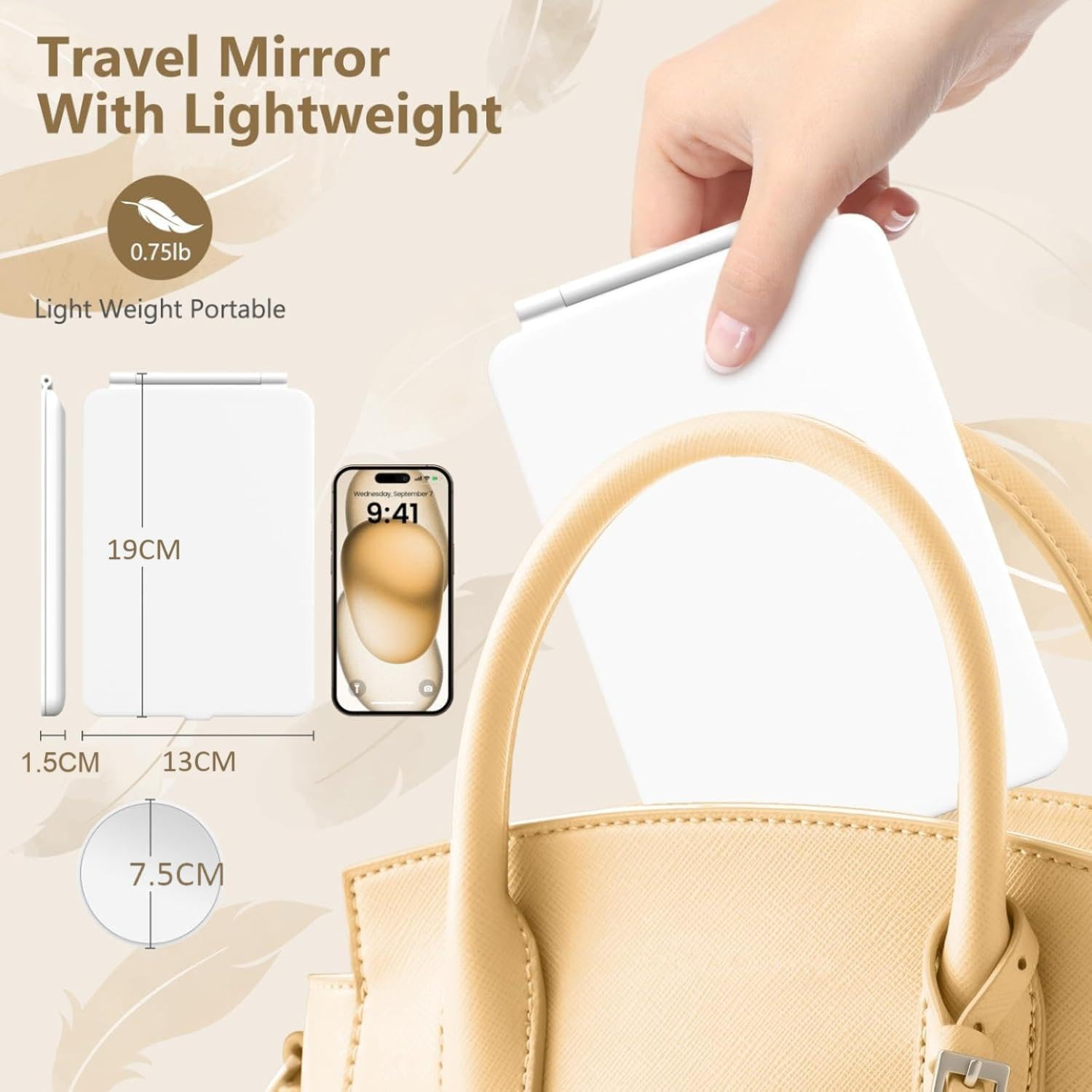 Travel Makeup Mirror with 3 Color Light and 10X Magnifying Mirror, Dimmable Touch Screen, Rechargeable Lighted Makeup Mirror with Cover and a Storage Bag, Portable Foldable (White) image number 6