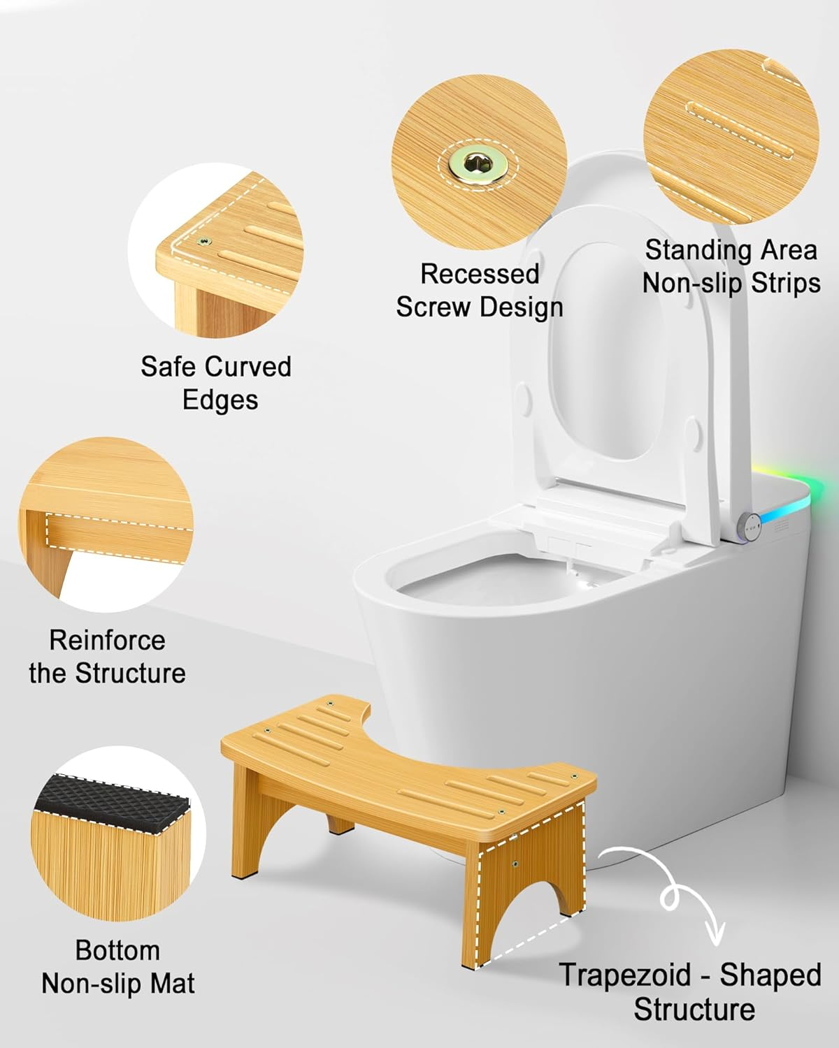 Bamboo Toilet Stool - 6.5 Inch Non-Slip Squat Stool for Adults and Kids, Portable Bathroom Foot Support, Easy to Use and Clean, Helps Improve Potty Posture and Comfort image number 1