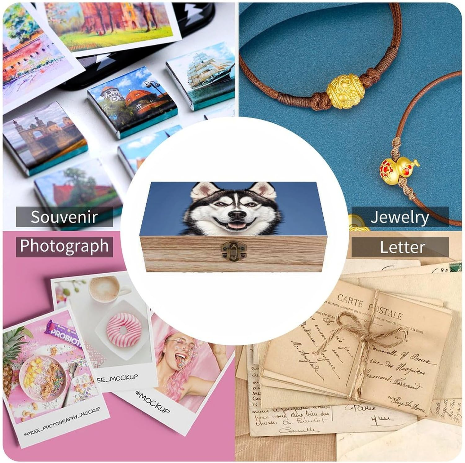 Husky Dog Wooden Box Wood Wedding Keepsake Boxes with Lids Small Decorative Boxes Lightweight Wooden Memory Storage Box for Crafts Keepsakes Jewelry Photo Letter Storage image number 2