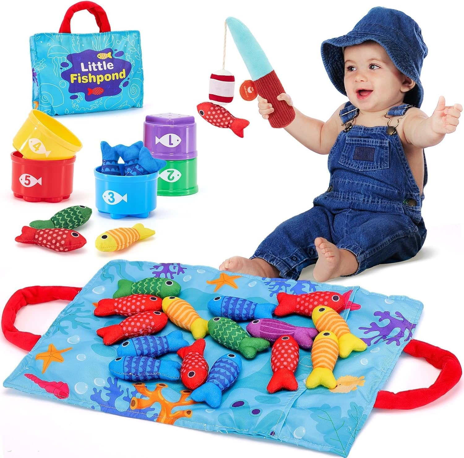 22 Pcs Toddler Toys Montessori Toys for 1 Year Old Boy Girl Birthday Gift10 in 1 Cloth Fishing Game for Toddlers with Stacking Cups-Number Counting, Color Sorting, Shape Learning Baby Toys Baby Gifts image number 2