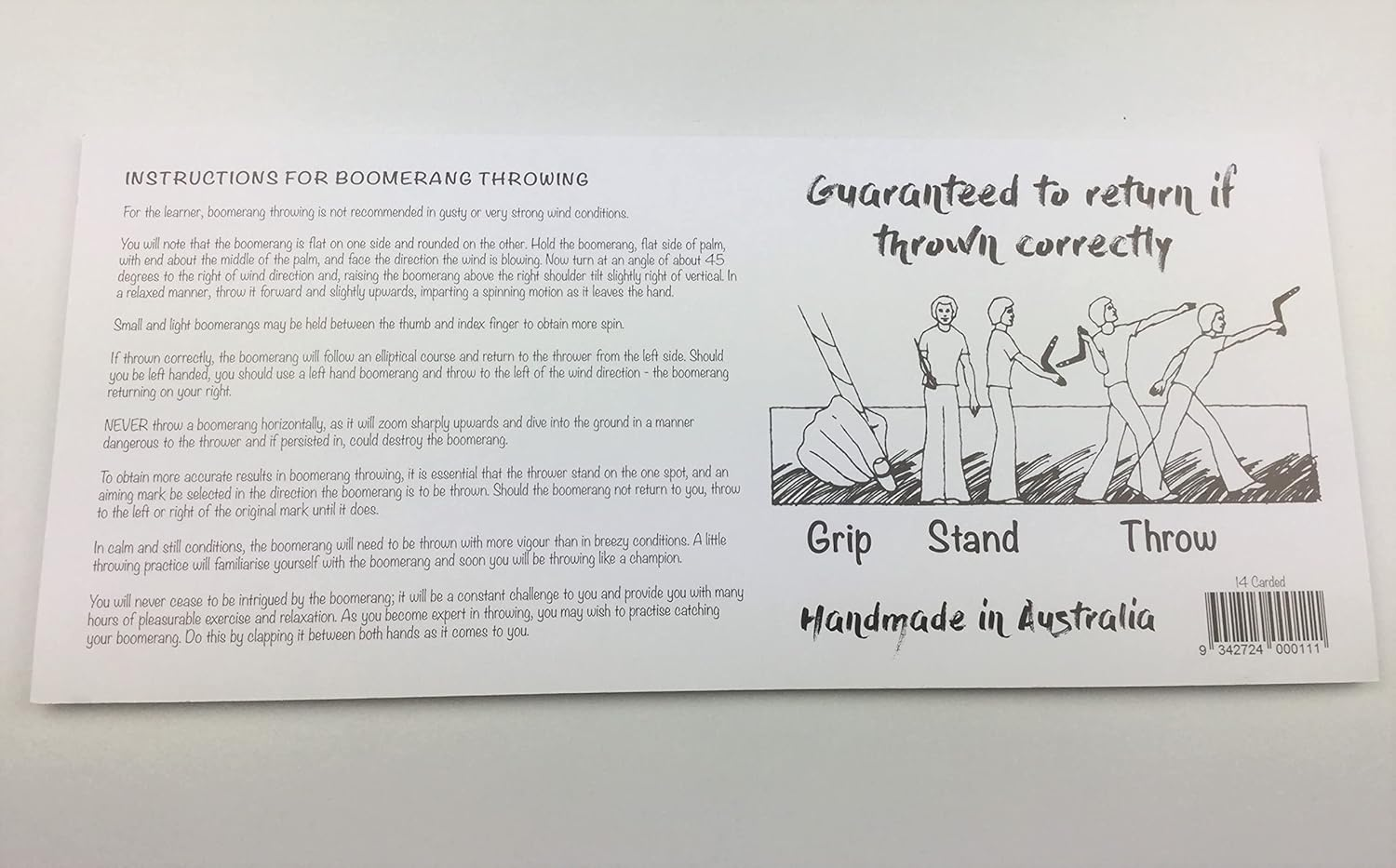 Australian Made Carded 14" Decorated Wood Throwing Boomerang - Kangaroo Design