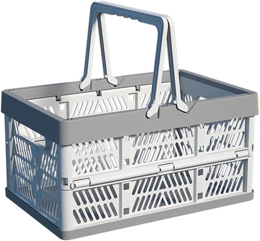 Portable Storage Crate, Plastic Storage Baskets for Organizing, 20L Collapsible Shopping Basket, Foldable Picnic Basket with Handles, Stackable Car Milk Dairy Container (Blue, Large)