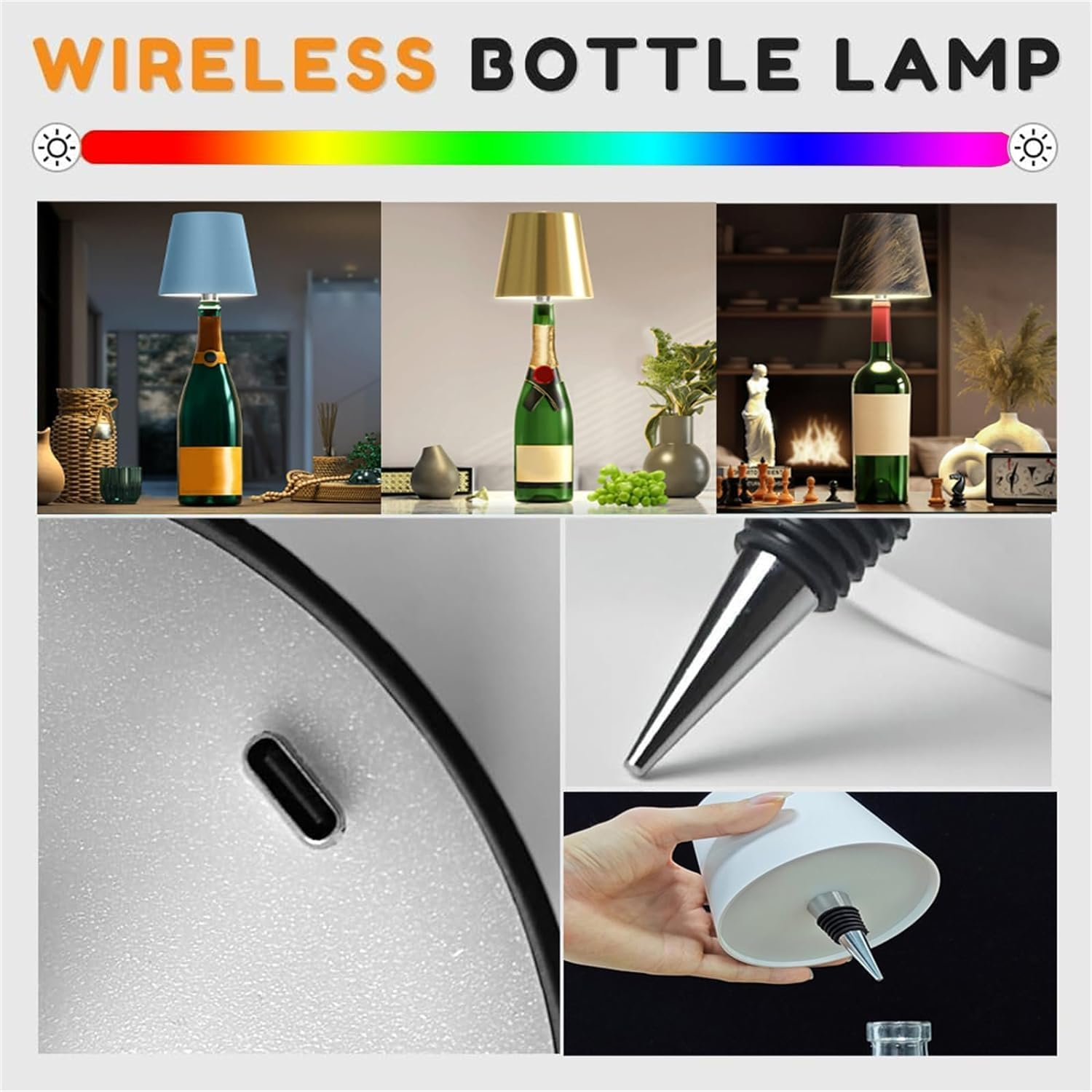 Wireless Bottle Lamp, 3 Color Stepless Dimming, Rechargeable Touch Lamp, Outdoor Table Lamp, Bar Lamp (Gold Plating-Tricolor Light) - Apricot-Tricolor Light image number 5
