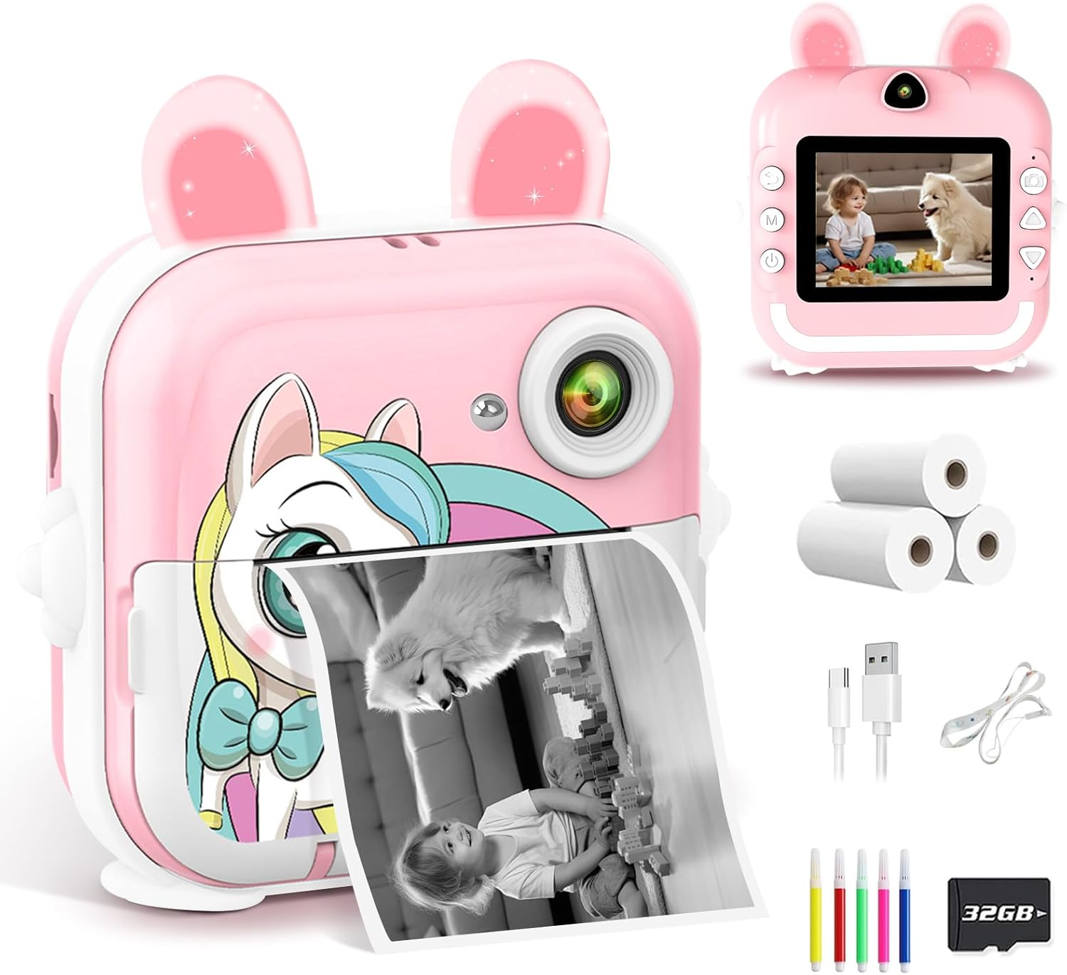 PTHTECHUS&reg; Kids Camera Instant Print, 2.4 Inch IPS 1080P Instant Camera for Kids, 48MP HD Digital Video Recorder with 32GB SD Card, Christmas Birthday Portable Toy for Age 3-12 Girls Boys ﻿ (Pink) image number 4