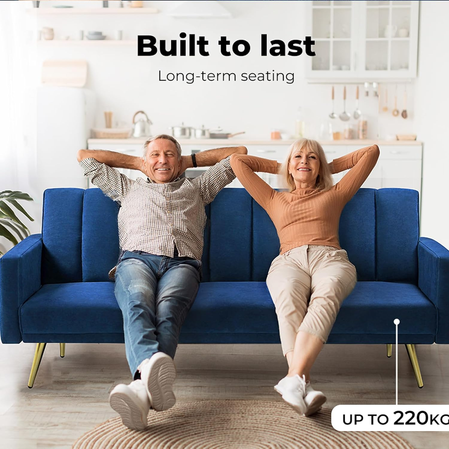 LEVEDE 3 Seater Sofa Bed Convertible, Velvet Loveseat Sofa Couch, Recliner Sofa Lounge with 3 Adjustable Backrest Positions, Spare Bed for Guest, Load up to 220Kg (197Cm, Blue) image number 2