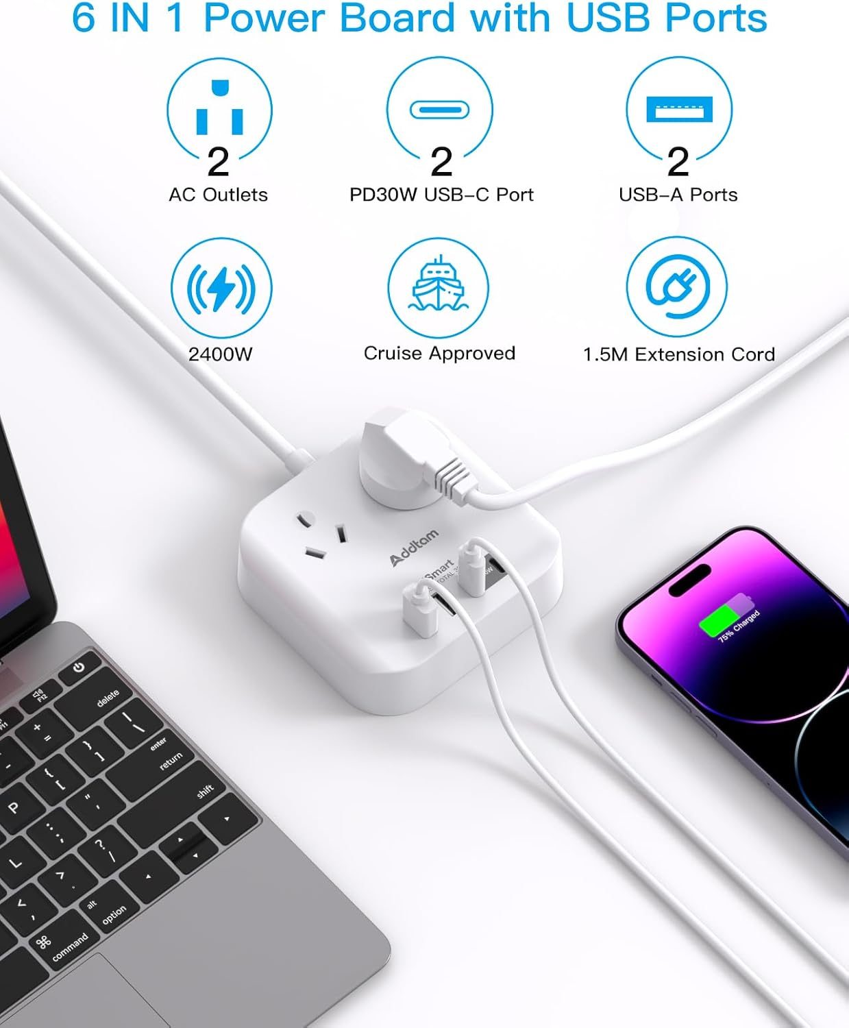 PD30W Travel Power Board, Powerboard with 2 Outlets 4 USB Ports(2 USB C), Cruise Approved Power Strip with 1.5M Extension Cord, Charging Station Travel Essentials Accessories Home Office Desk