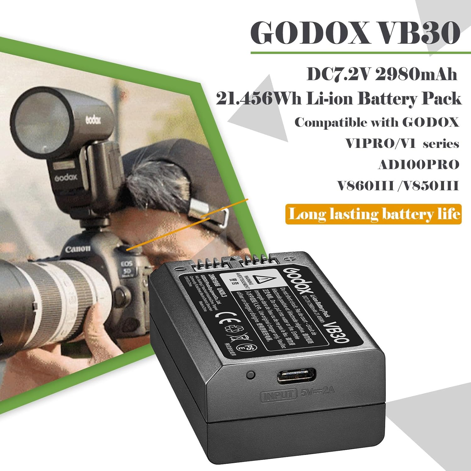 Godox VB30 Battery, GODOX V100 Battery Replacement for V1 V1Pro V100 Ad100Pro V860III V850III MF-R76 Flash,7.2V 2980Mah High Capacity,- , image number 2