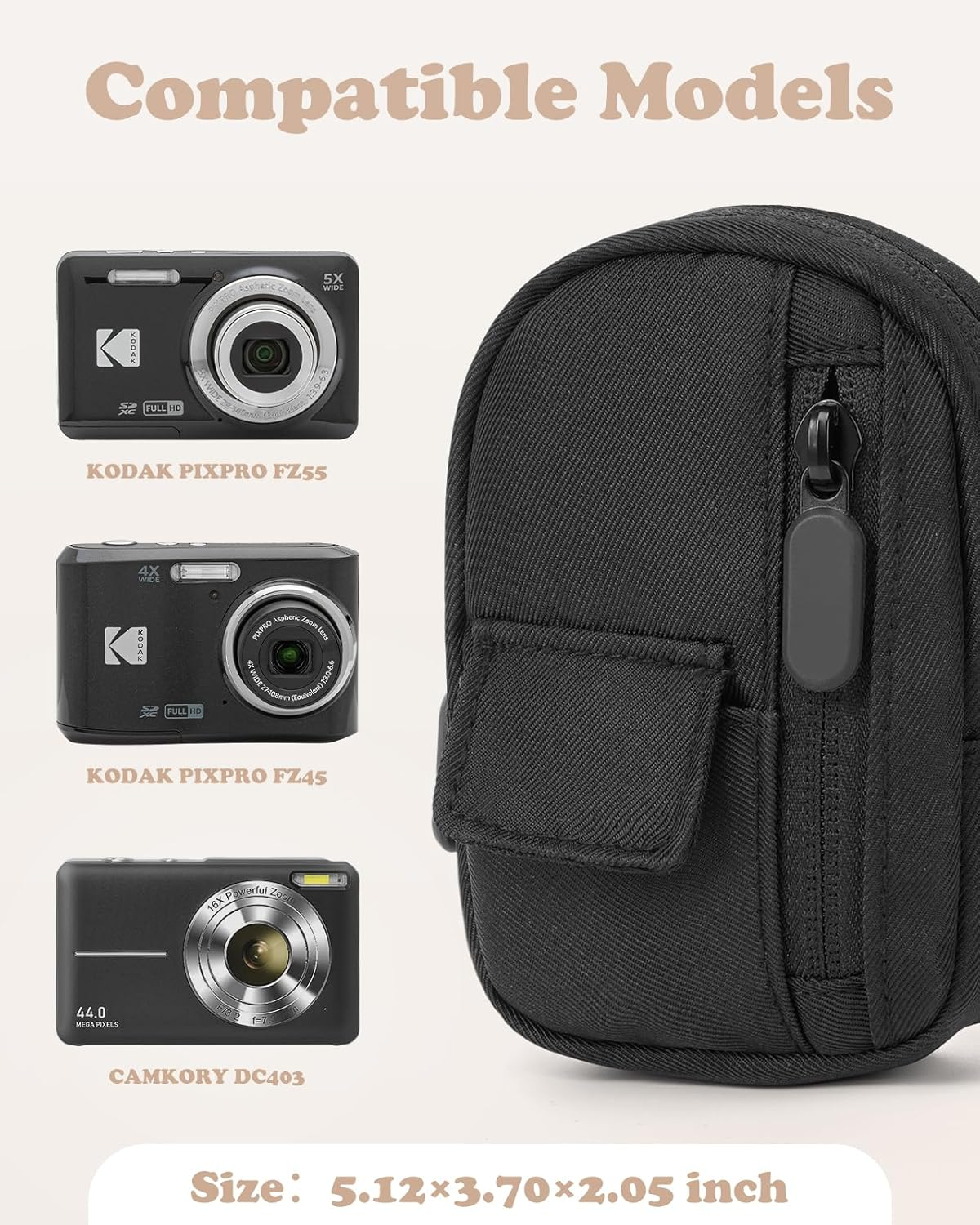 SQERO Soft Camera Case for Digital Camera KODAK PIXPRO FZ55/ FZ45/CAMKORY DC403 FHD 1080P,Travel Camera Pouch, Carry Case Bag Cute Small - Beige image number 5