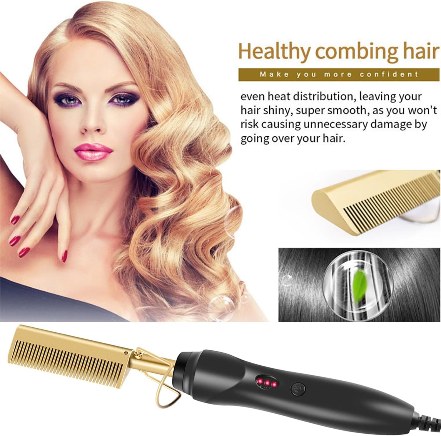 Electric Heat Comb/Hair Straightener with AU Plug- Heat Pressing Comb, Curling Iron Curlers High Heat Ceramic Comb with Dual Voltage and Auto Shut-Off image number 1