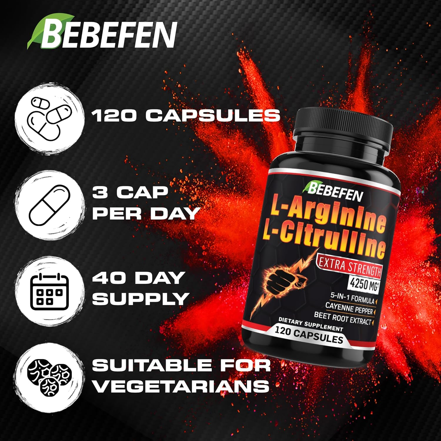 L-Arginine L-Citrulline Supplement 4250Mg with Beet Root - 120 Capsules image number 2