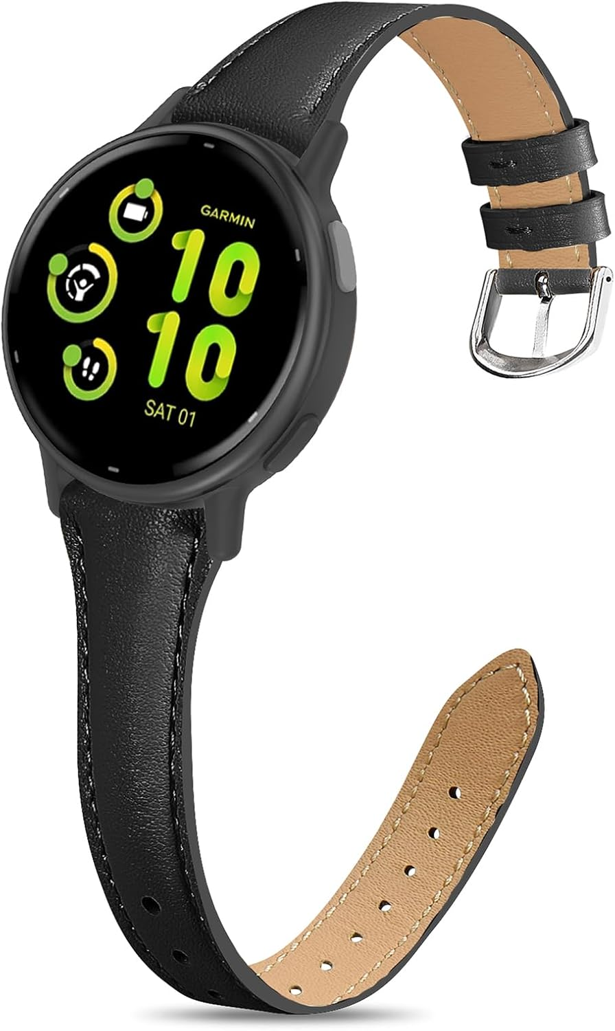 Slim Leather Band Compatible with Garmin Vivoactive 6/Vivoactive 5/3/3 Music, 20Mm Genuine Leather Thin Soft Narrow Replacement Strap for Venu Sq 2/Venu 2 Plus/Forerunner 165/55/245/645 Music