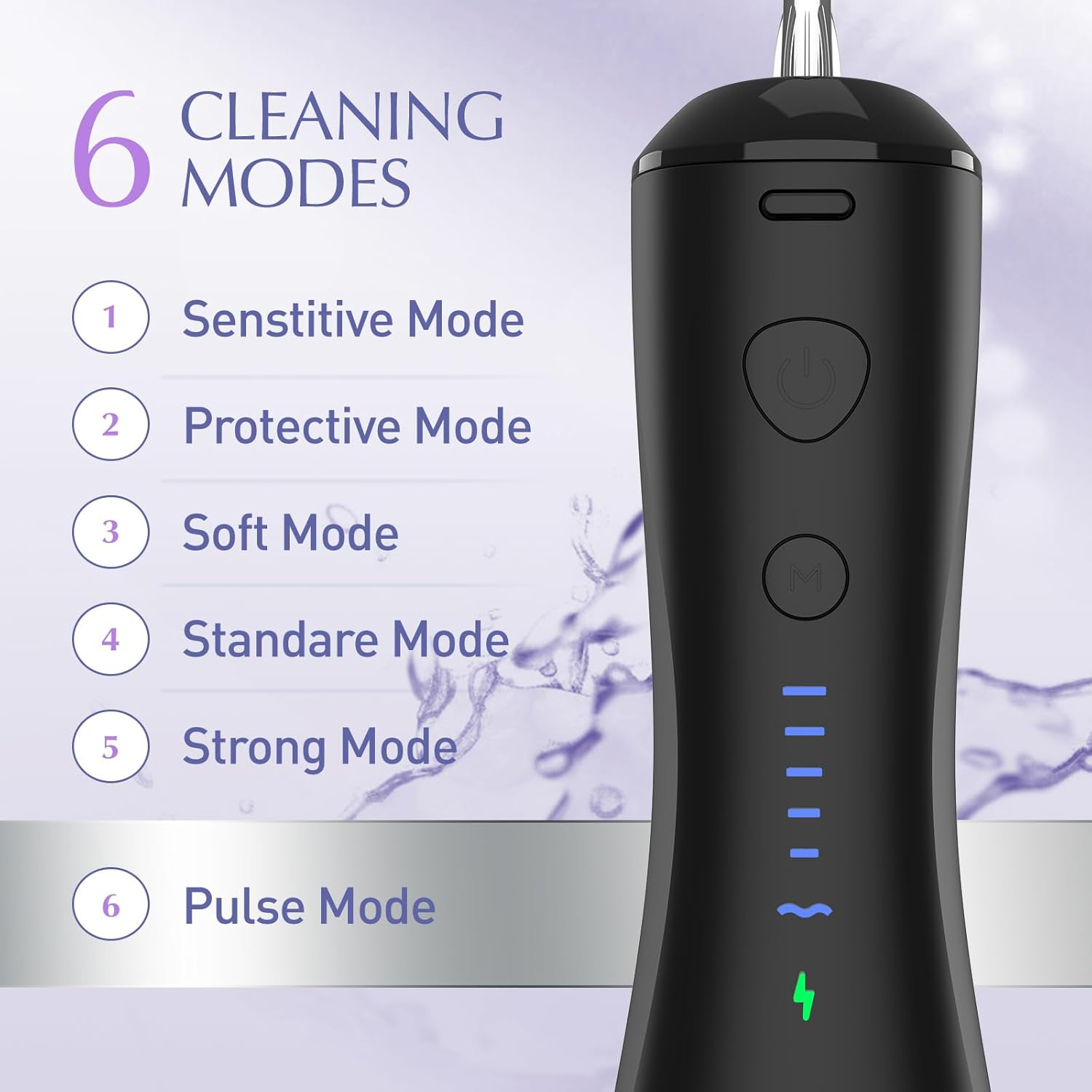 Power Cordless Water Flosser, Electric Rechargeable Battery Handheld IPX7 with 6 Modes & 4 Jet Tips Dental Oral Hygiene Irrigator Water Cleaner Floss Pick for Tooth/Teeth/Cleaning/Gums/Oral/Braces Care (BLACK) - Black image number 3