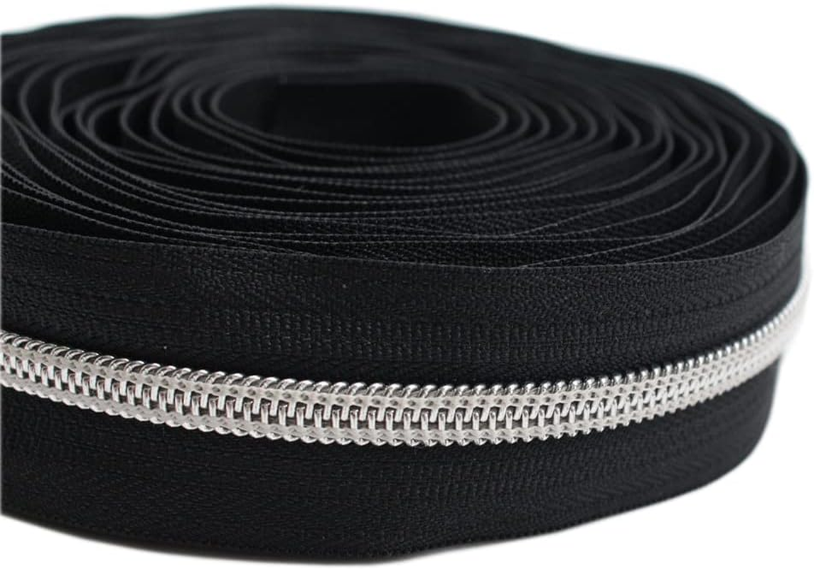 Yahoga (Silver) - 5 Silver Metallic Nylon Coil Zippers by the Yard Bulk 10 Yards with 25Pcs Silver Sliders for DIY Sewing Tailor Craft Bag image number 1