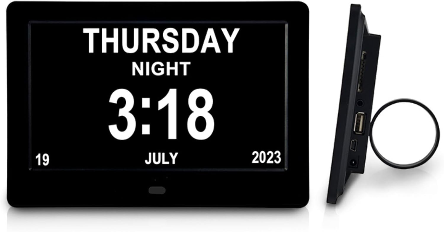 Digital Calendar Alarm Day Clock - 7" LED Dementia Clock Large Screen Display, 12/24Hr Remote Control for Extra Large Aged Seniors, Home D&eacute;cor Desk, Wall Mounted Black/White (White)