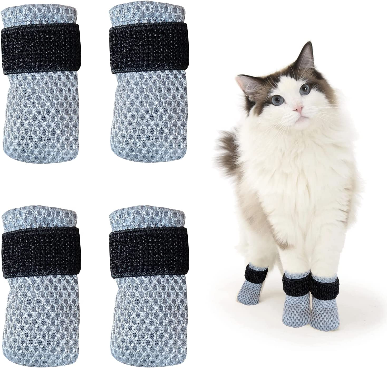 Cat Boots,Paw Covers Anti-Scratch Cat Foot Covers for Cats Adjustable Mesh Cat Claw Protectors Non-Slip Breathablesuitable for Family Pet Cat Bathing and Nail Cutting (4 Pieces) (L, Orange)