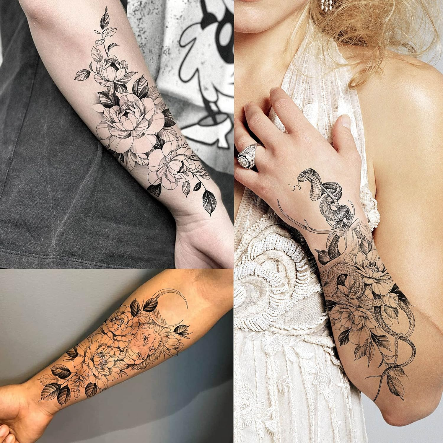 64 Sheets Long Lasting Flower Temporary Fake Tattoos for Women Arm Neck, Jellyfish Sunflower Moon Rose for Adults Girl, 3D Temp Realistic Snake Tatoo Stickers Serpent Peony Floral Kids image number 2