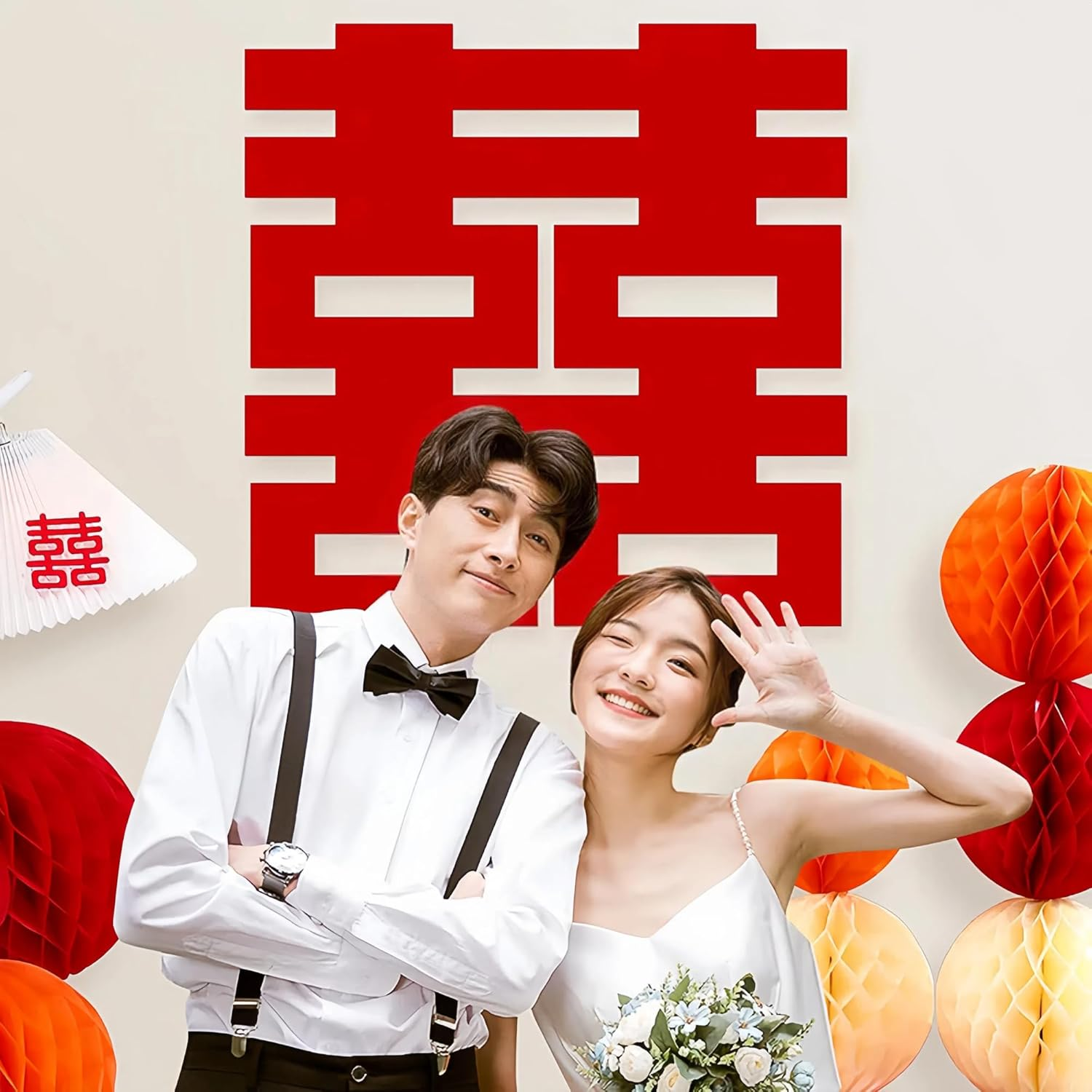 Hannafires 47Inch Large 'Double Happiness' Wall Decoration - Special Wedding Party Decorations, Living Room and Bridal D&eacute;cor, Fabric Materia, Chinese Wedding, Meaning Infinite Happiness
