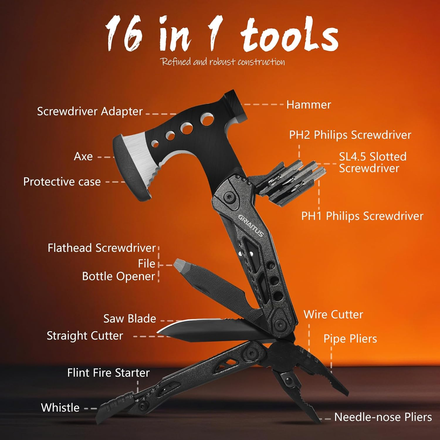 Camping Multitool Accessories Gifts for Men Dad 16 in 1 Upgraded Multi Tool Survival Gear with Axe Hammer Pliers Saw Screwdrivers Bottle Opener Whistle & Portable Sheath for Hiking,Fishing image number 2