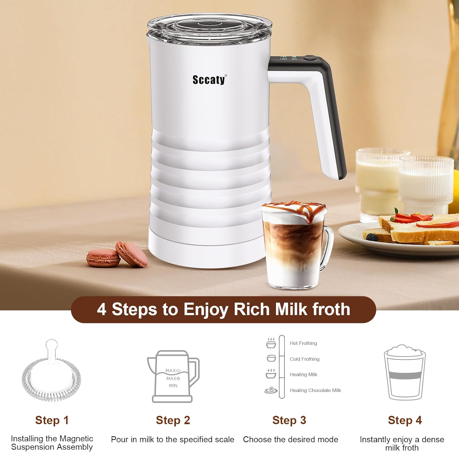 Electric Milk Frother, Milk Foam Maker, Milk Steamer, 4-In-1 Milk Frothers, Milk Warmer, up to 350Ml, 304 Stainless Steel, Non-Stick Coat, Scratch, Magnetic Suspension Stir, Lower Sound, Easy to Wash. image number 6