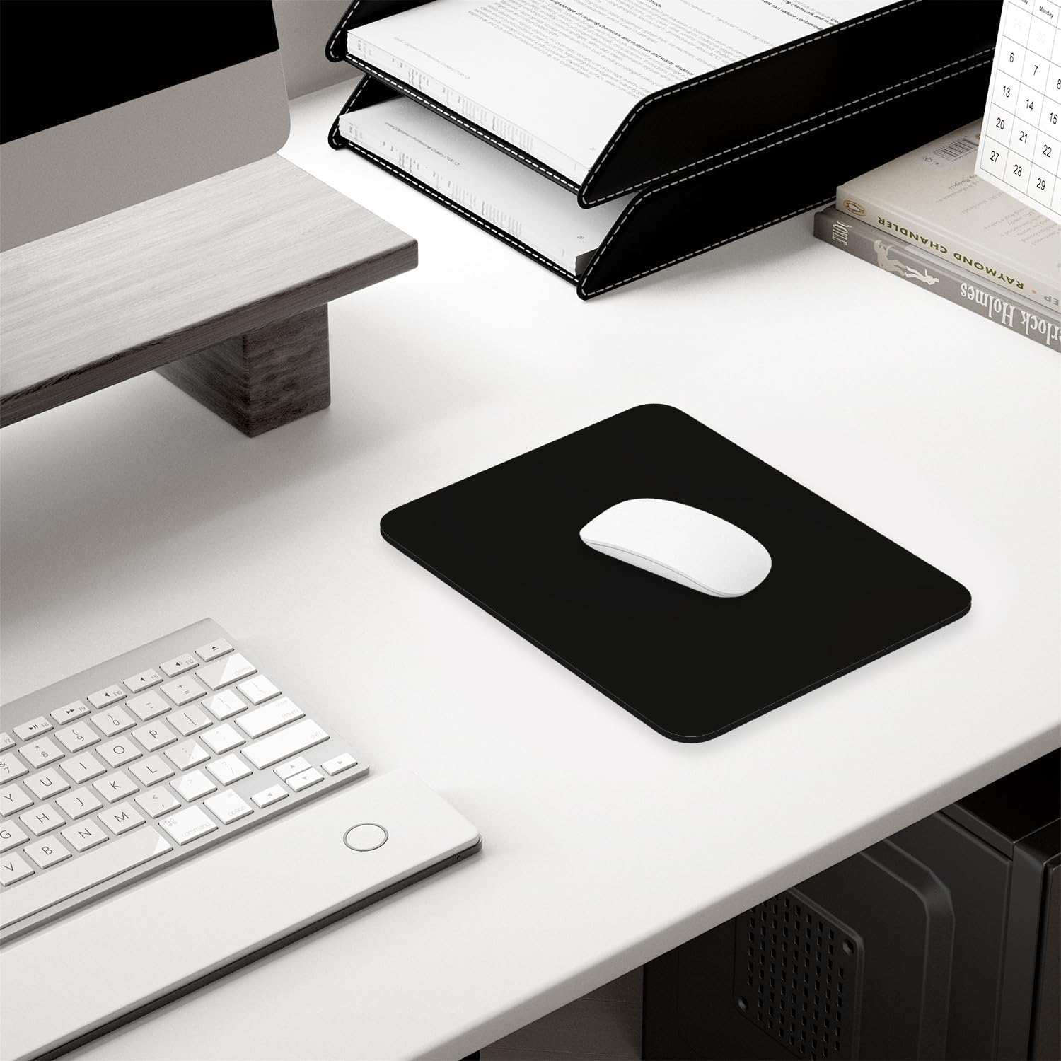 30X24Cm Black Leather Mouse Pad + White Smiley Wrist Rest | Non-Slip Desk Mat for Laptop & Computer | Office Essentials for Workers image number 2