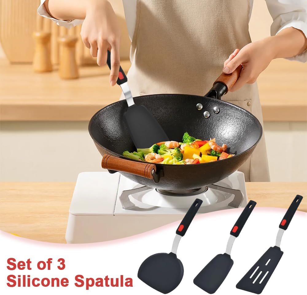 Large Silicone Spatula Turner Set of 3,Silicone Turner Spatula,Silicone Spatula for Cooking,Non-Stick,Heat Resistant, Easy to Clean, BPA Free Rubber Spatula for Egg, Pancake, Fish, Burger (Black) image number 5