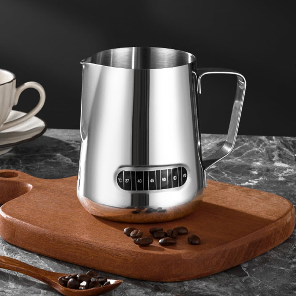 600Ml Milk Frother Jug,Temp Control Milk Jug Temperature Control Jug with Latte Art Pen Portable (Silver)