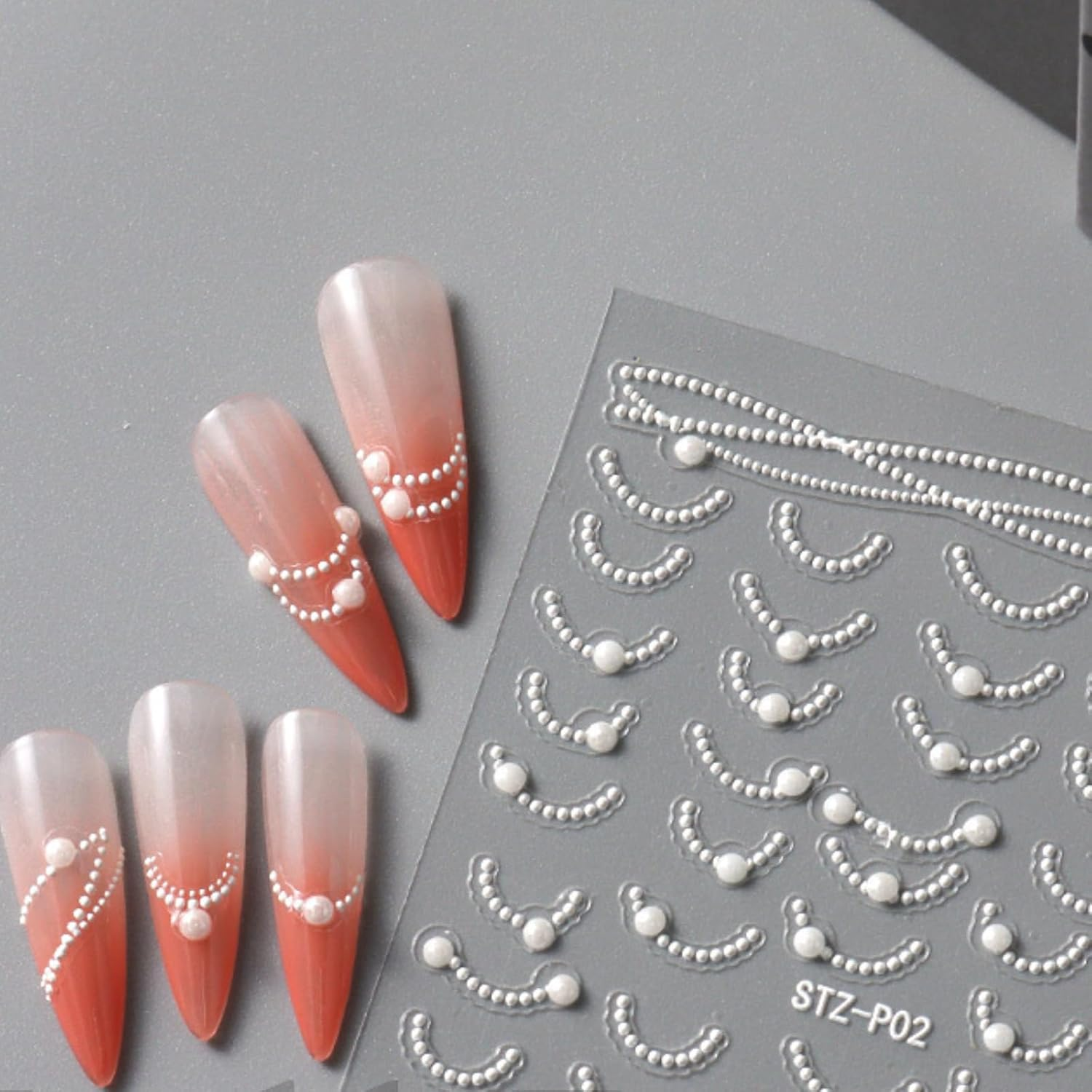 4 Sheets Pearl French Nail Art Stickers 3D Self-Adhesive Nail Decals Design, Wavy Line Heart Nail Decoration Holographic Elegant Chains Nail Sticker Manicure Tips Supplies Nail Decal (White) image number 6