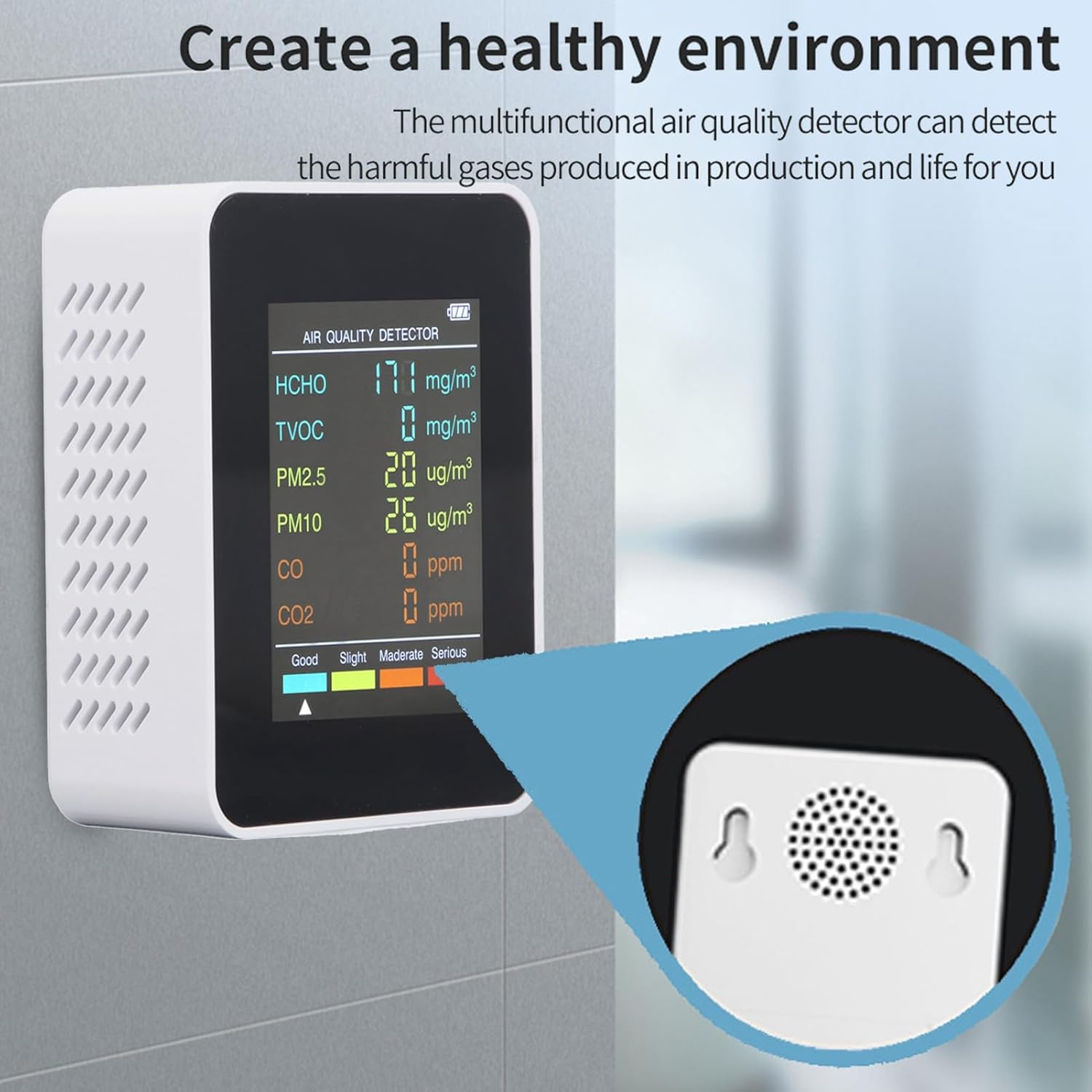Air Quality Monitor, Portable LCD Backlight Screen CO2 TVOC HCHO PM2.5 PM10 Detector with Alarm, Portable Air Quality Tester Indoor CO2 Monitor, Indoor Air Monitor with LCD (White) image number 2