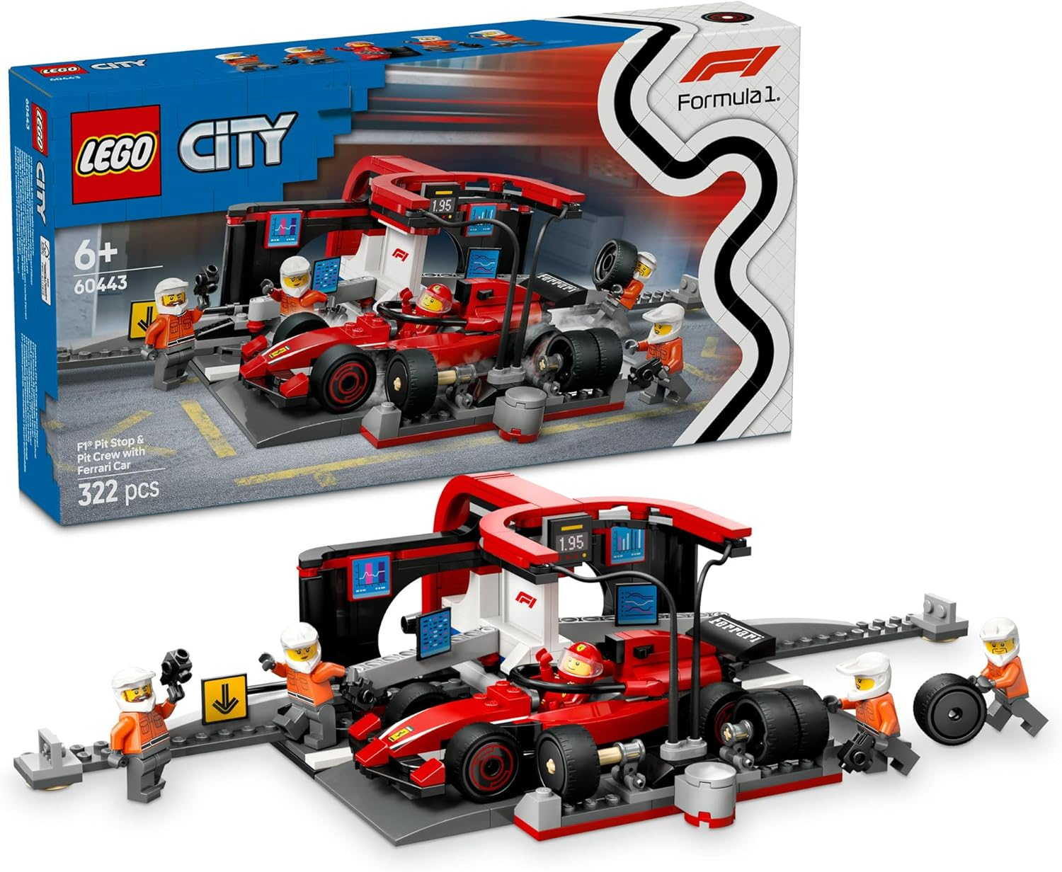 LEGO City F1 Pit Stop & Pit Crew with Ferrari Car Toy for 6+ Year Old Boys & Girls, Formula 1 Vehicle Building Set with 5 Minifigures, Kids Toy Racing Car Playset 60443