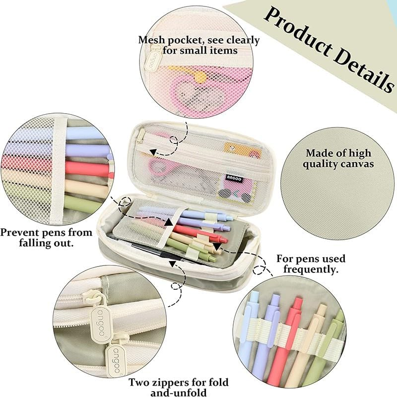 Zipper Pencil Case Pen Bag Organizer School Office Cosmetic Stationery Storage- Spacious 22X11X6.5Cm Multi-Compartment Stationery Organizer - Beige  Purple image number 3