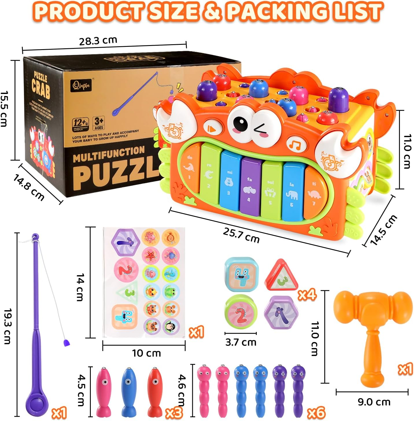 15 in 1 Crab Activity Cube Toy, Hammering Pounding Toys with Music Lights, Montessori Educational Learning Toys for 3 Years Old Girl Birthday (Orange) image number 5