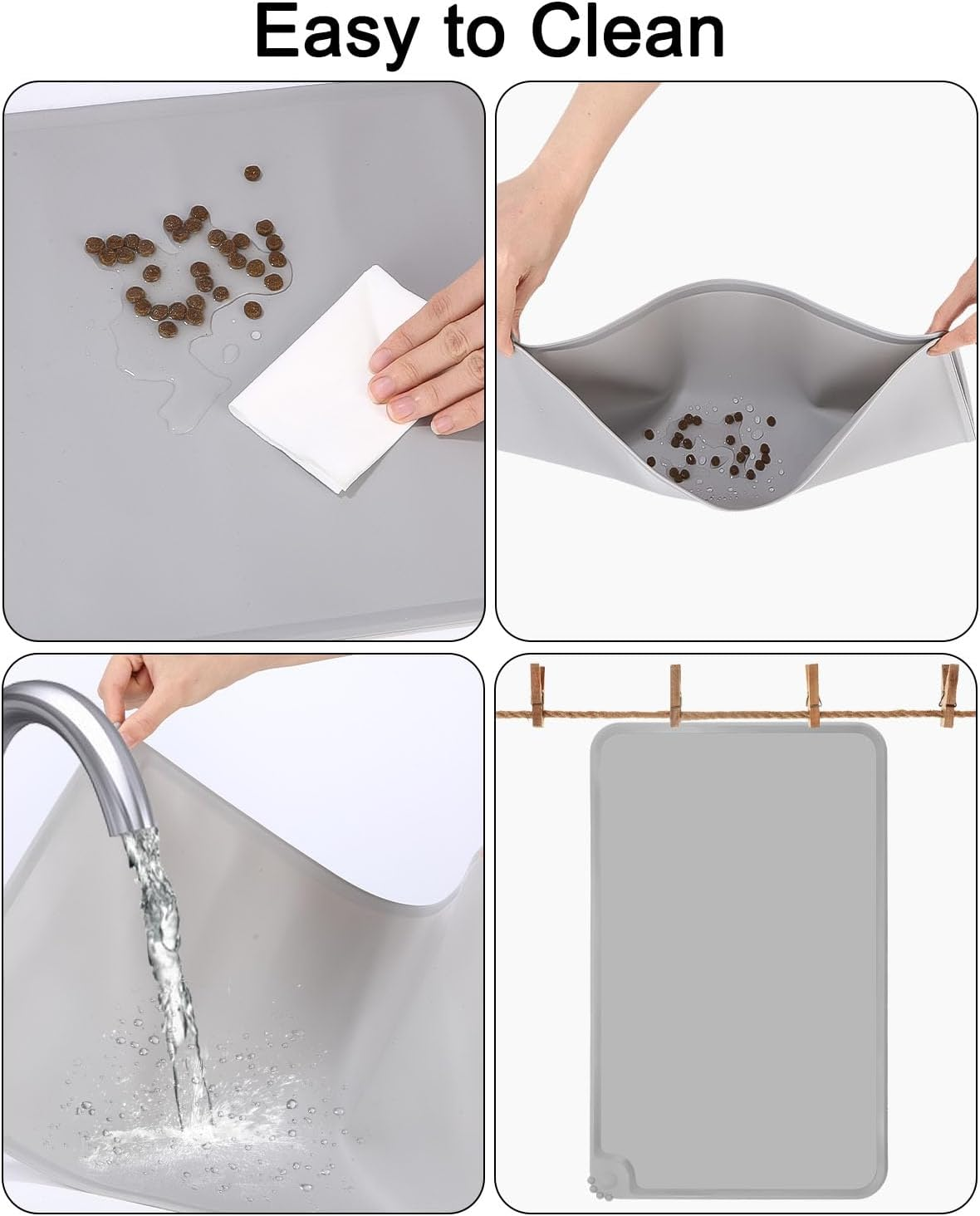 Set of 2 Bowl Mat for Dogs and Cats, 48 X 30 Cm (Black and Grey), Waterproof and Non-Slip Silicone Feeding Mat, Feeding Mat, Non-Slip Pet Feeding Mat for Feeding Bowls Placemats