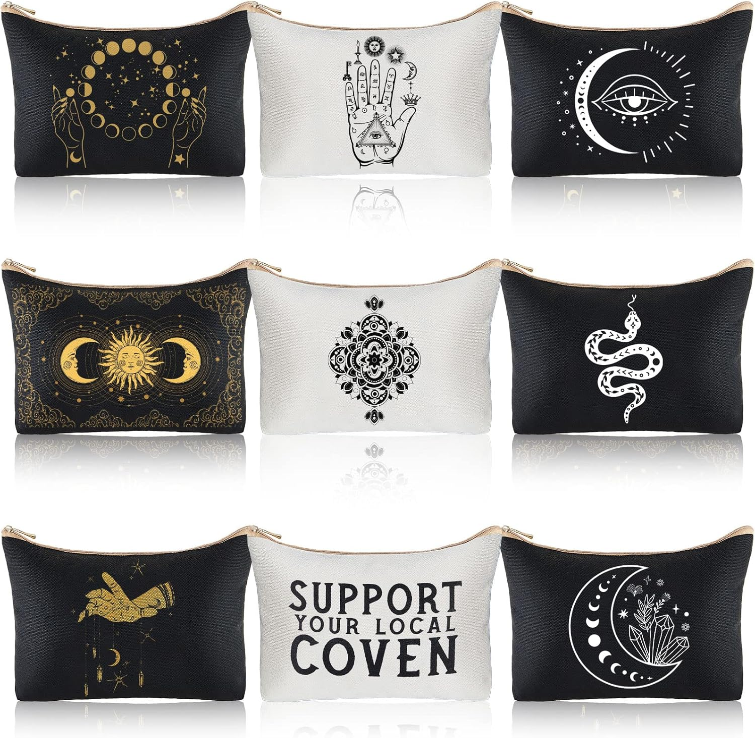 9 Pieces Moon Witch Zipper Pouch Bag Tarot Cards Phase Bag Witch Purse Gothic Aesthetic Canvas Makeup Bags Witchy Crystals Toiletry Bags Witchcraft Snake Cosmetic Bags for Women Girls, Black image number 5