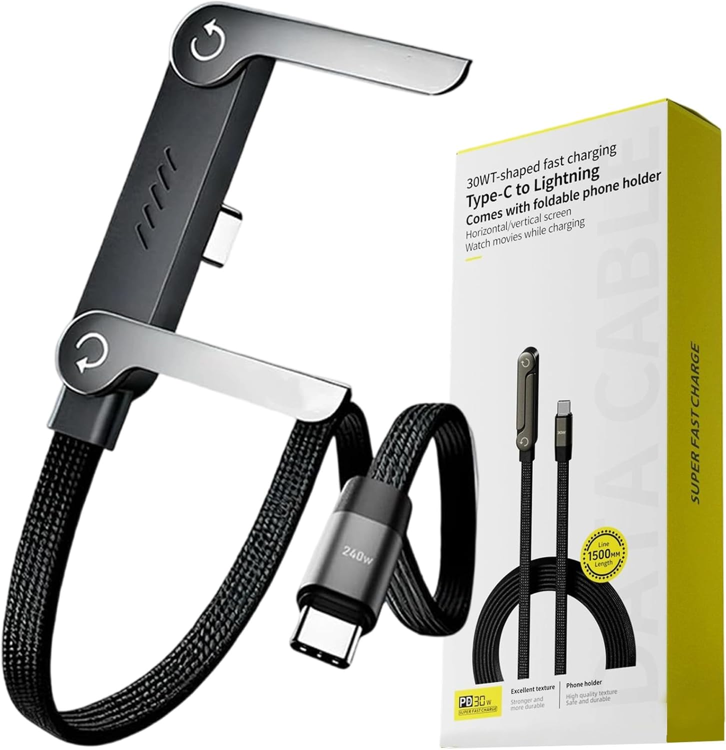 Sideways Phone Charger,2-In-1 Invisible Holder Charger Cable,240W Braided Fast Charge with Built-In Phone Stand, 4.9FT/240W Fast Charging, 360&deg; Rotation, for Smartphones, Tablets (USB to Type-C)