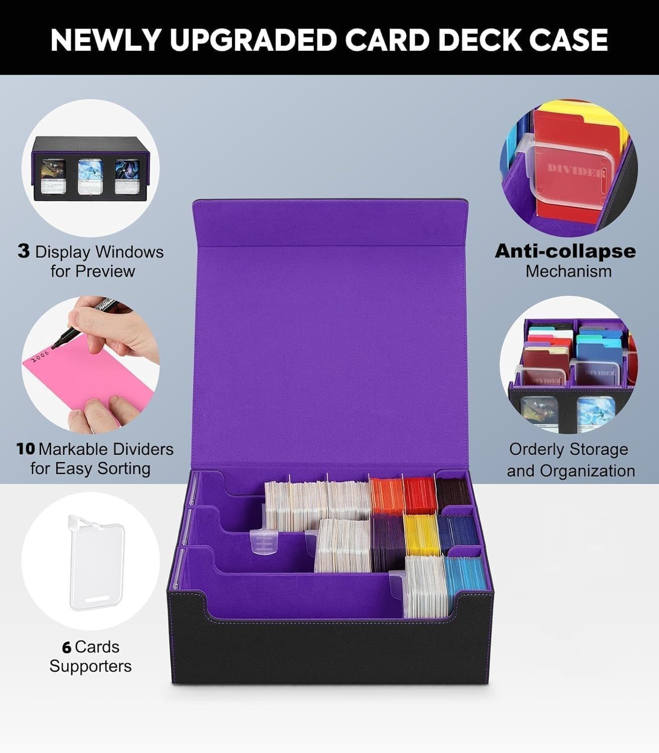 Purple Rectangular Mtg Trading Card Storage Box, Fits OCG PTG Magic Game Cards, Sports Cards, 10 Compartments, Waterproof, Magnetic Closure