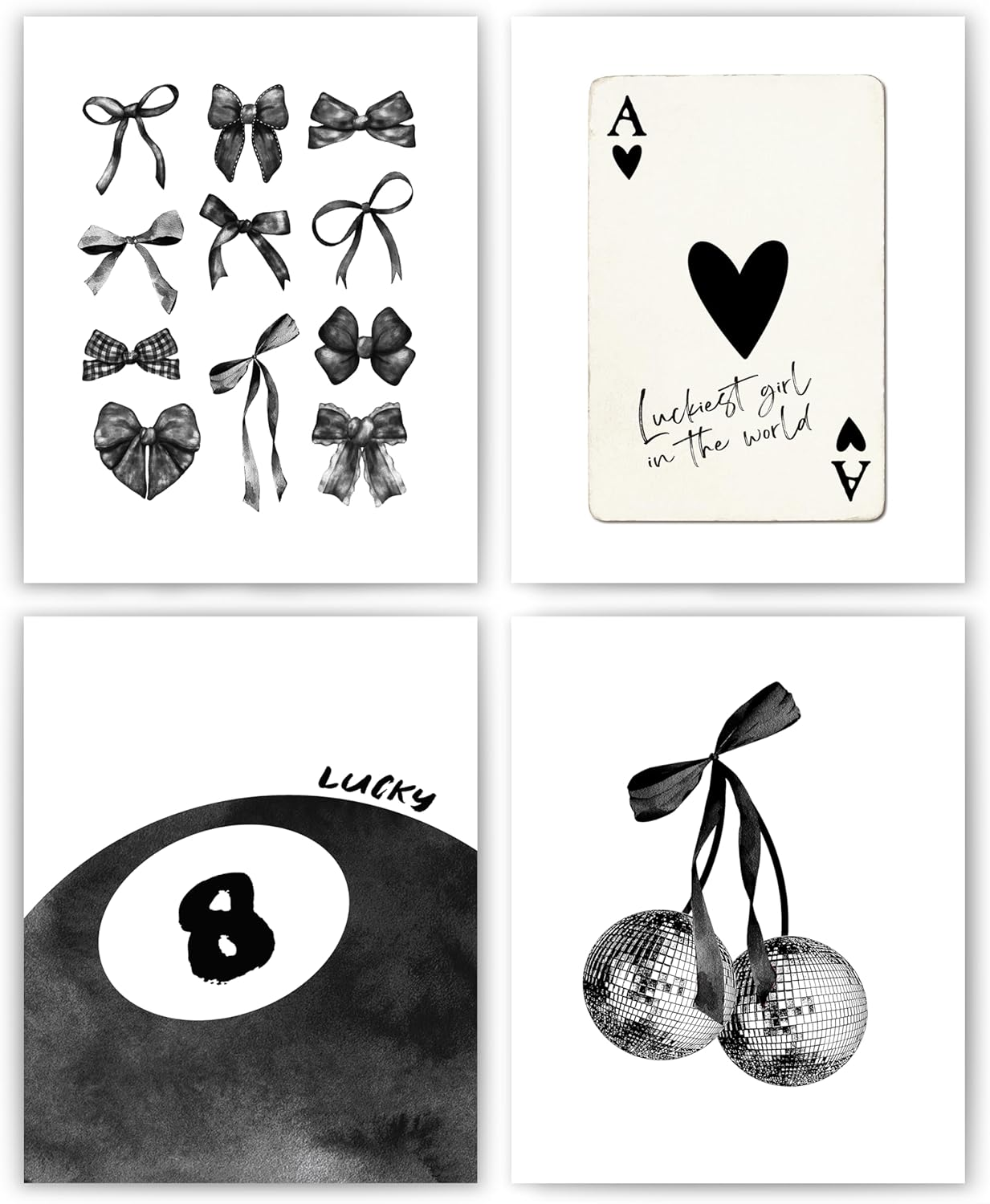 Okaxscm Light Blue Coquette Trendy Preppy Wall Art Prints Set of 4,Coquette Preppy Room Decor,Blue Bow Disco 8 Ball Cherry Wall Decor Posters for Girls Bedroom Dorm,12X16 Unframed