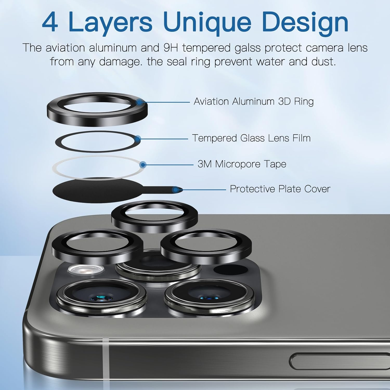 Giftorld Camera Lens Protector for Iphone 16 Pro/16 Pro Max,Aviation Aluminum 3D Ring,9H Tempered Glass,360 Degree Protection,Hd Clarity,4 Layers Unique Design,Full Coverage. (Black) image number 2