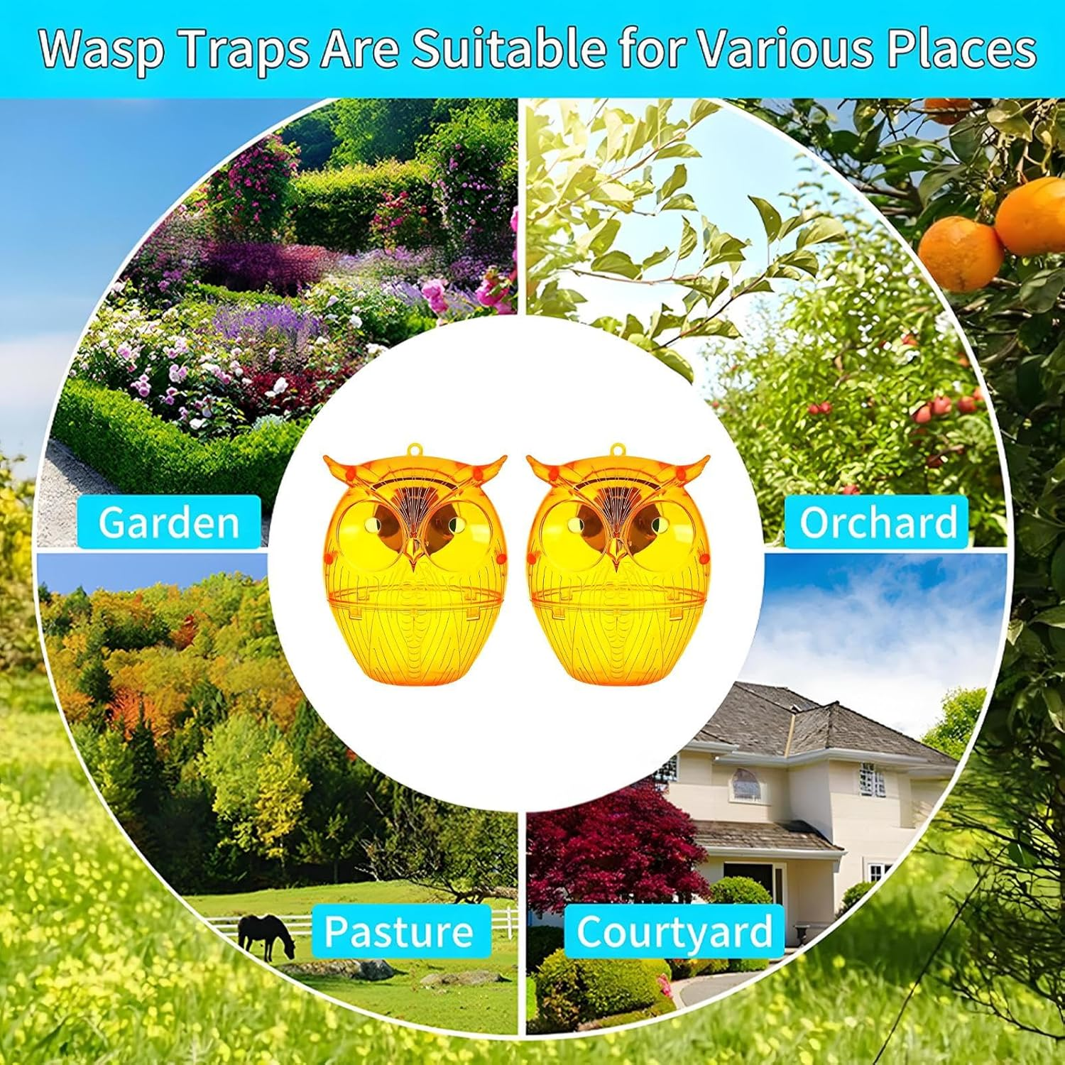 Uoqpty Wasp Catchers for Outside,Solar Owl Shape Carpenter Bee Trap with LED Light | Gardening Supplies for Camping Orchard Shed Picnic Fruit Trees Backyard Pool Area Nature Attic Porch image number 2