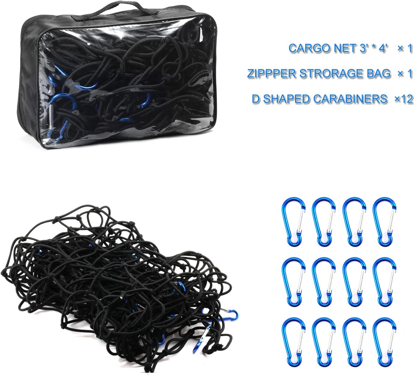 Amiss 3' X4' Stretches to 6' X 8' Truck Cargo Net, Roof Rack Cargo Net for Pickup Trucks SUV, Heavy Duty Truck Bed Cargo Bungee Net with 12 Blue Clips and Storage Bag， Car Exterior Accessories image number 1