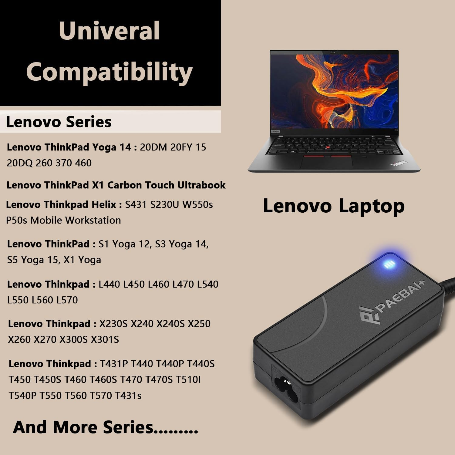 65W 45W Laptop Charger for Lenovo Thinkpad T460 T470 T470S T440 T450S E531, Yoga 2 13 11S/Pro, X1 Carbon 2015/2016 Flex 20V 3.25A Square Tip Power Supply Adapter image number 5