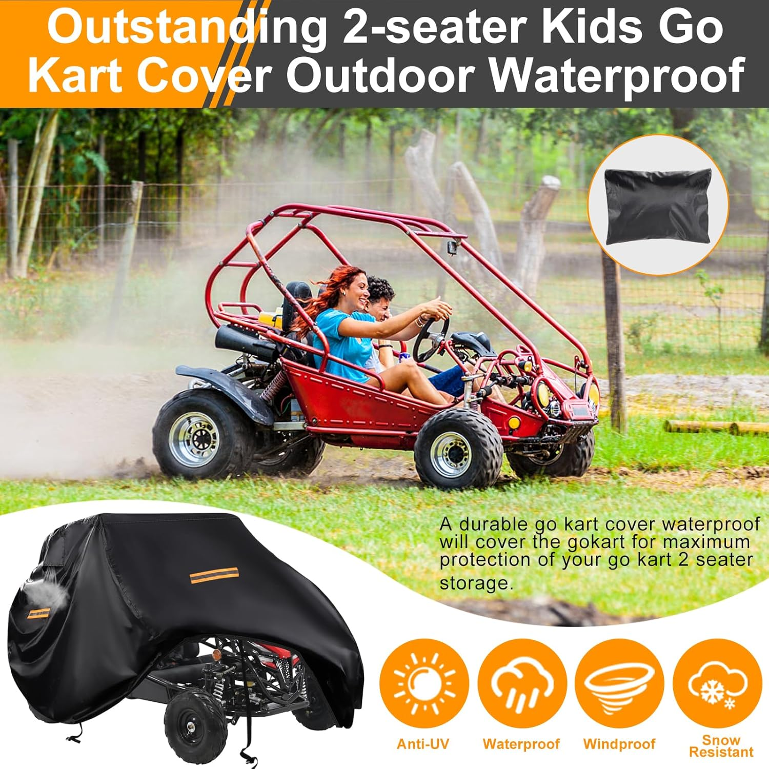 Large Go Kart Covers Waterproof,Heavy Duty 420D 2 Seater Go Kart Cover,Go Kart Accessories with Air Vent,4 Reflective Handles,2 Windproof Buckles,Protective Gokart Car Cover for Coleman Kt196,Segway image number 1