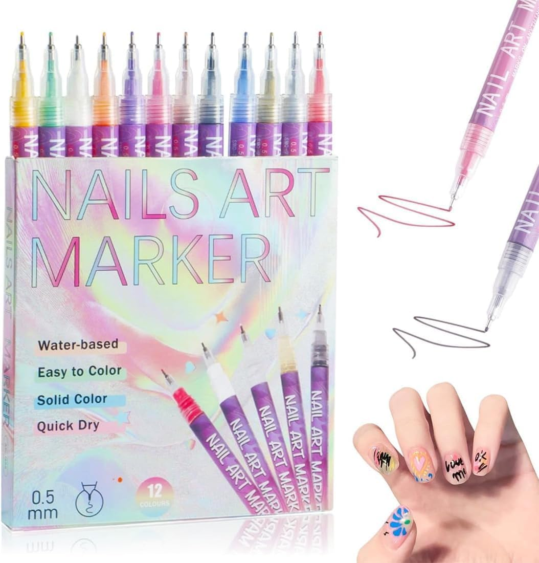 12 Colors Nail Art Pens Set, Nail Art Marker, Nail Doodle Pens, 0.5 MM Nail Polish Pens Set, Waterproof and Quick-Drying Nail for DIY Nails Art Design Manicure Tools image number 5